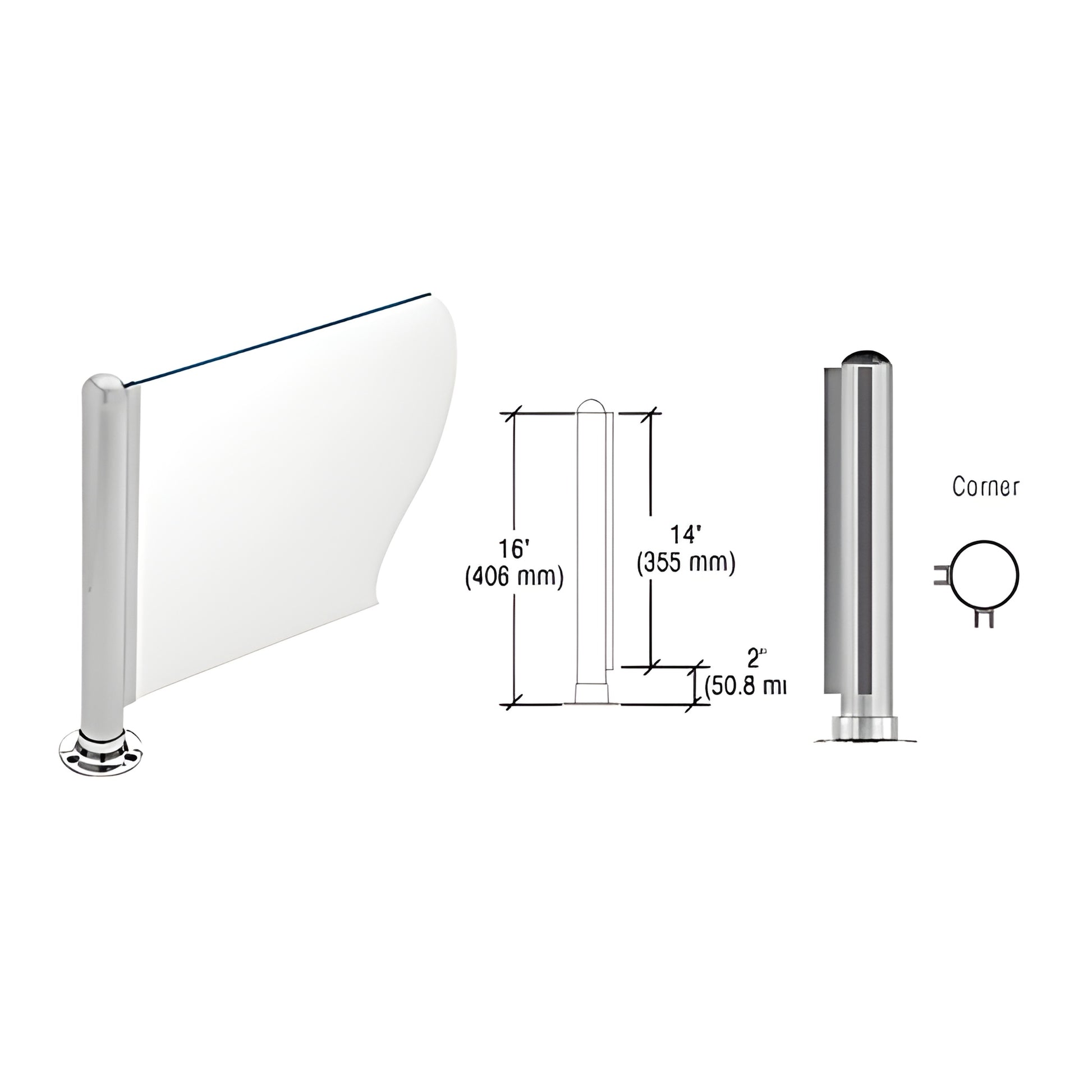 PP03LBS: Brushed stainless 16" round corner partition post with dome cap, adhesive round flange and 1/4" glass U-channel.