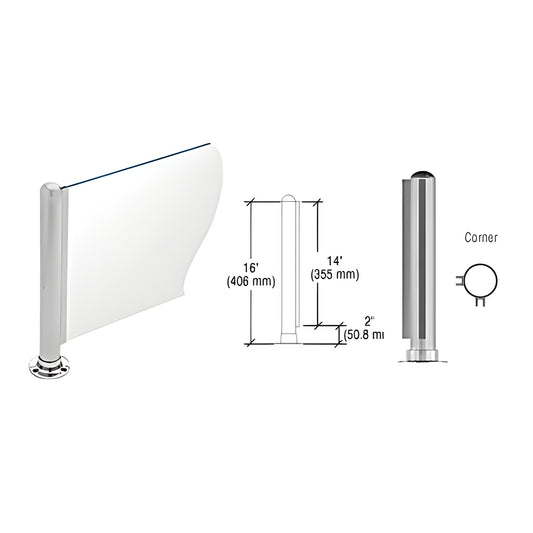 PP03LBS: Brushed stainless 16" round corner partition post with dome cap, adhesive round flange and 1/4" glass U-channel.