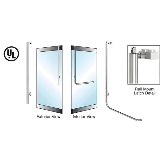 Polished stainless steel PA100 rail-mount panic handle for 1/2" glass doors, 1-1/4" dia (SKU PA100JS4RKPS)