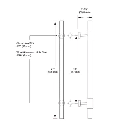 CB18X18BR polished brass ladder-style glass door pull, 27 in long, 18 in center-to-center, stainless tubing with black acryli