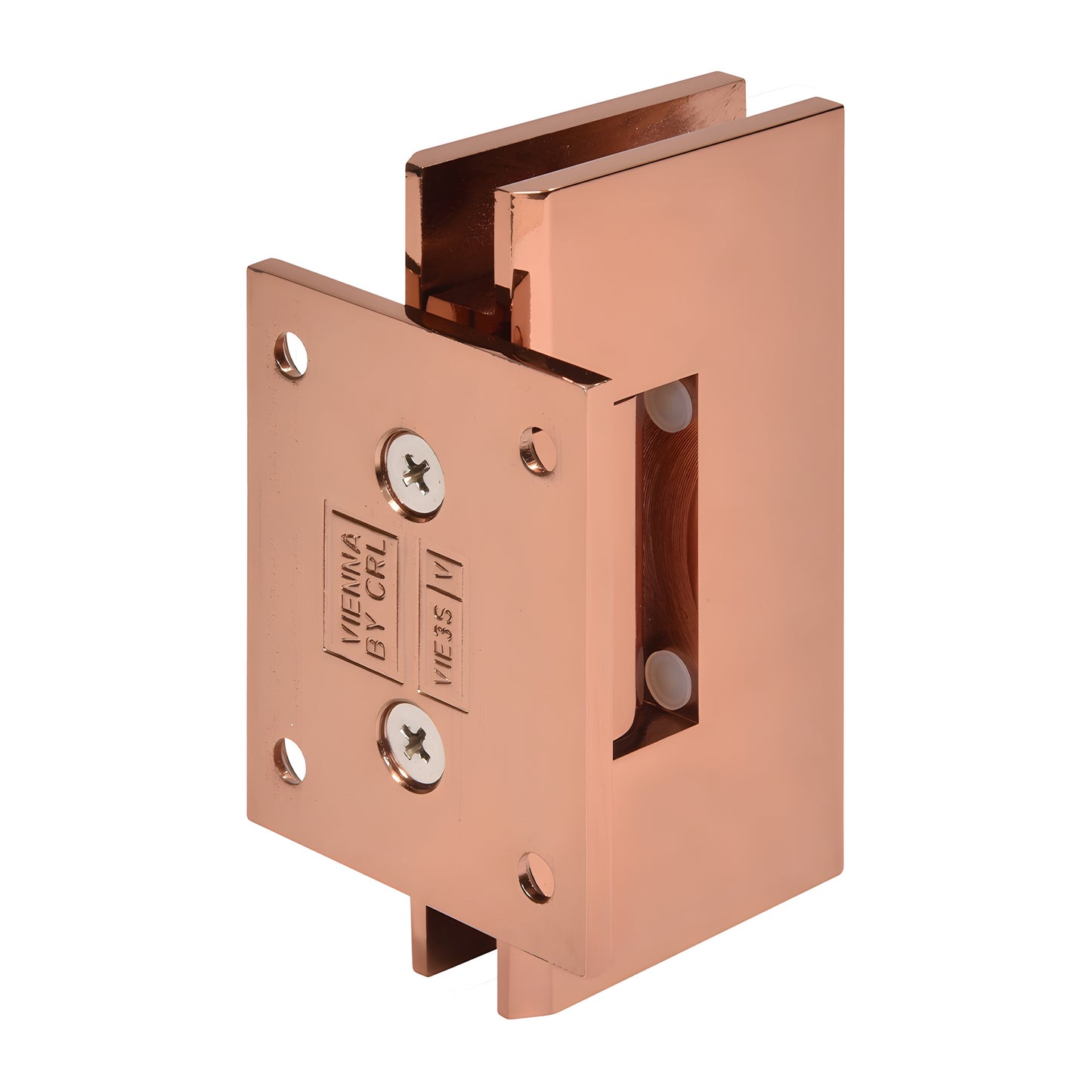 Rose gold brass Vienna shower door hinge, wall-mount short back plate for 3/8-1/2 glass (SKU V1E074RG)