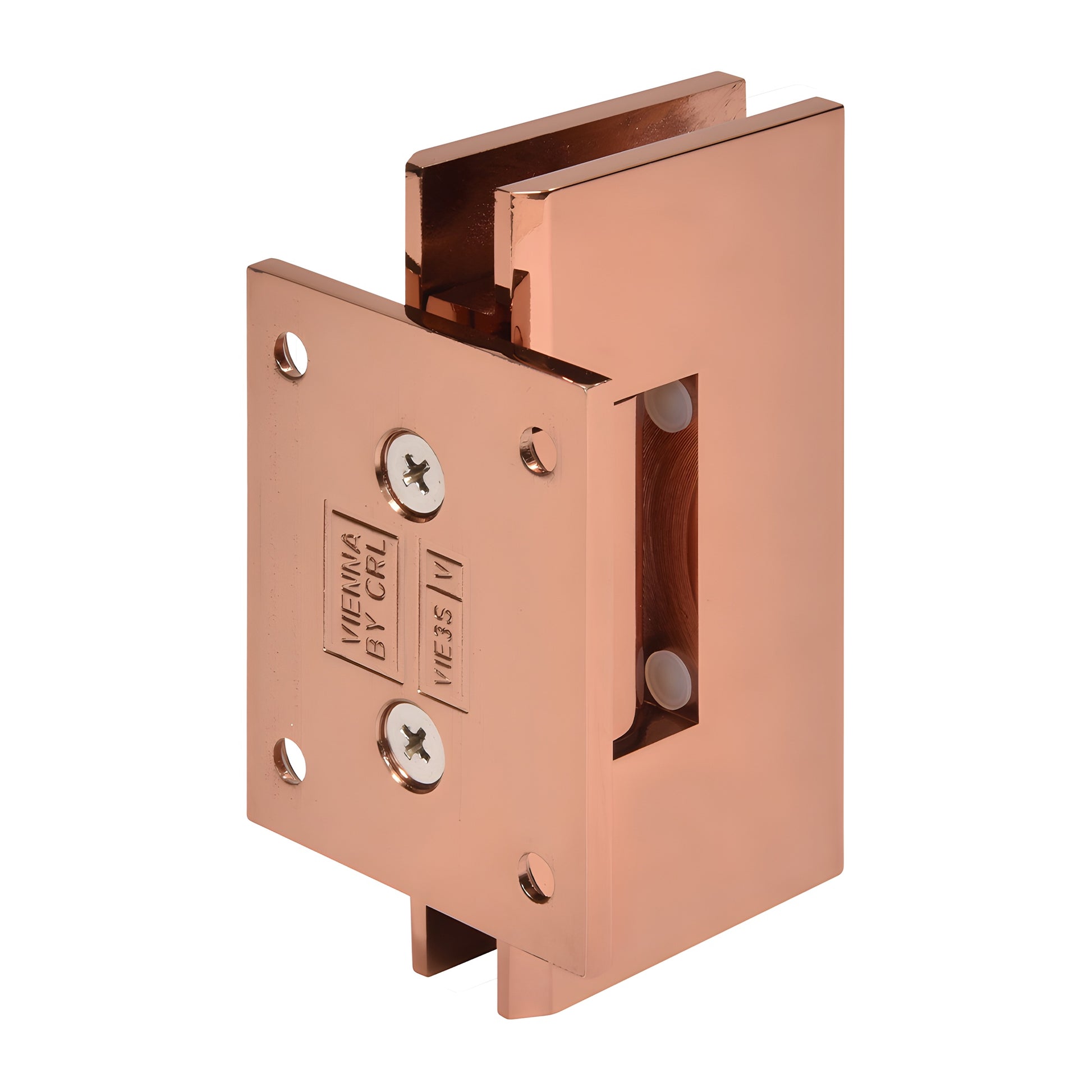 Rose gold brass Vienna shower door hinge, wall-mount short back plate for 3/8-1/2 glass (SKU V1E074RG)