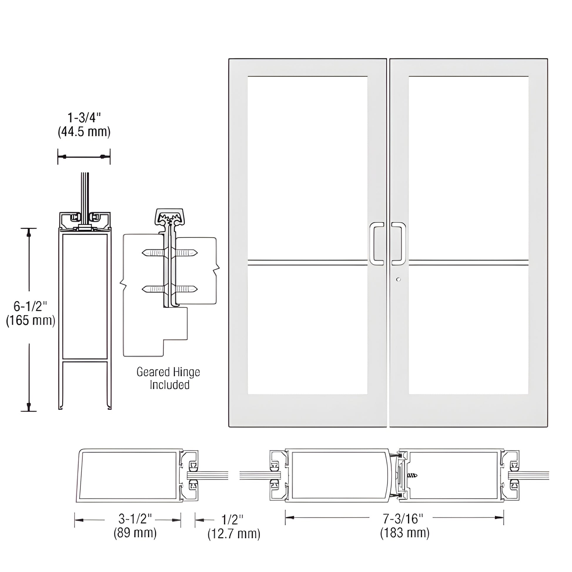 DC42852 White Kynar medium-stile commercial double glass entrance door frame, 3.5" stiles, 6.5" bottom rail.