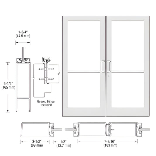 DC42852 White Kynar medium-stile commercial double glass entrance door frame, 3.5" stiles, 6.5" bottom rail.
