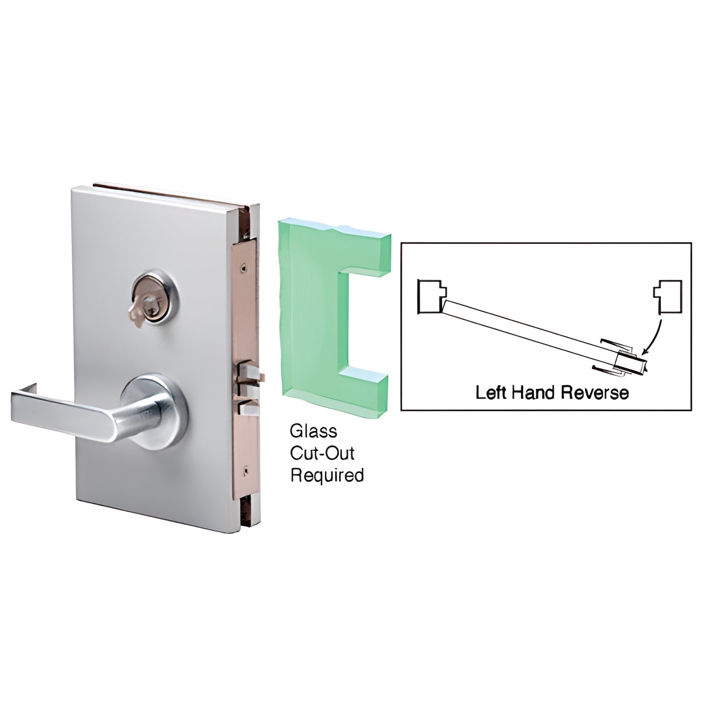 DL611LMBS brushed stainless 6x10 center lock with lever for 1/2" tempered glass, left-hand reverse