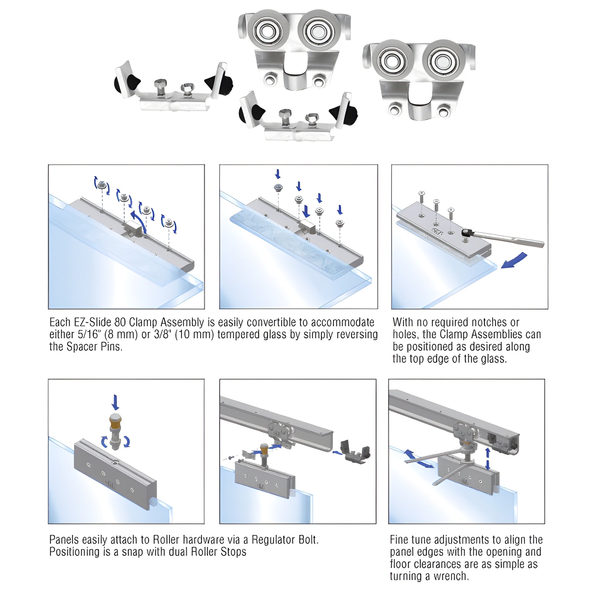 CRL3924 EZ-Slide 80 top-hung dual rollers and adjustable rubber stops for 8-10mm tempered glass panels, silver.