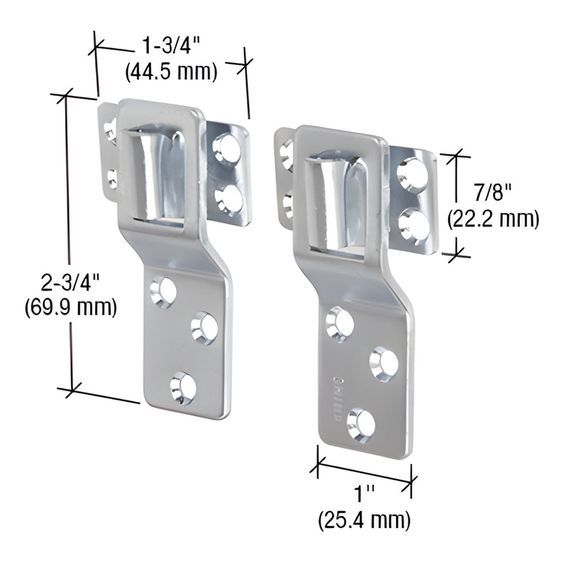 Chrome surface-mount window sash hangers for wood screens/storm windows, pair with screws, 2-3/4" x 1" (SKU L5777)