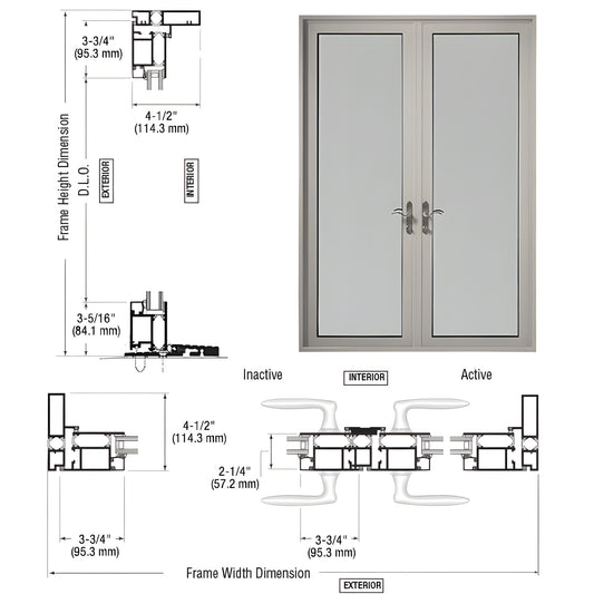 CRL Series 925 pair patio doors, clear anodized, thermally broken aluminum, 1" x 4-1/2" frame, seven-point lock. SKU PL92211P