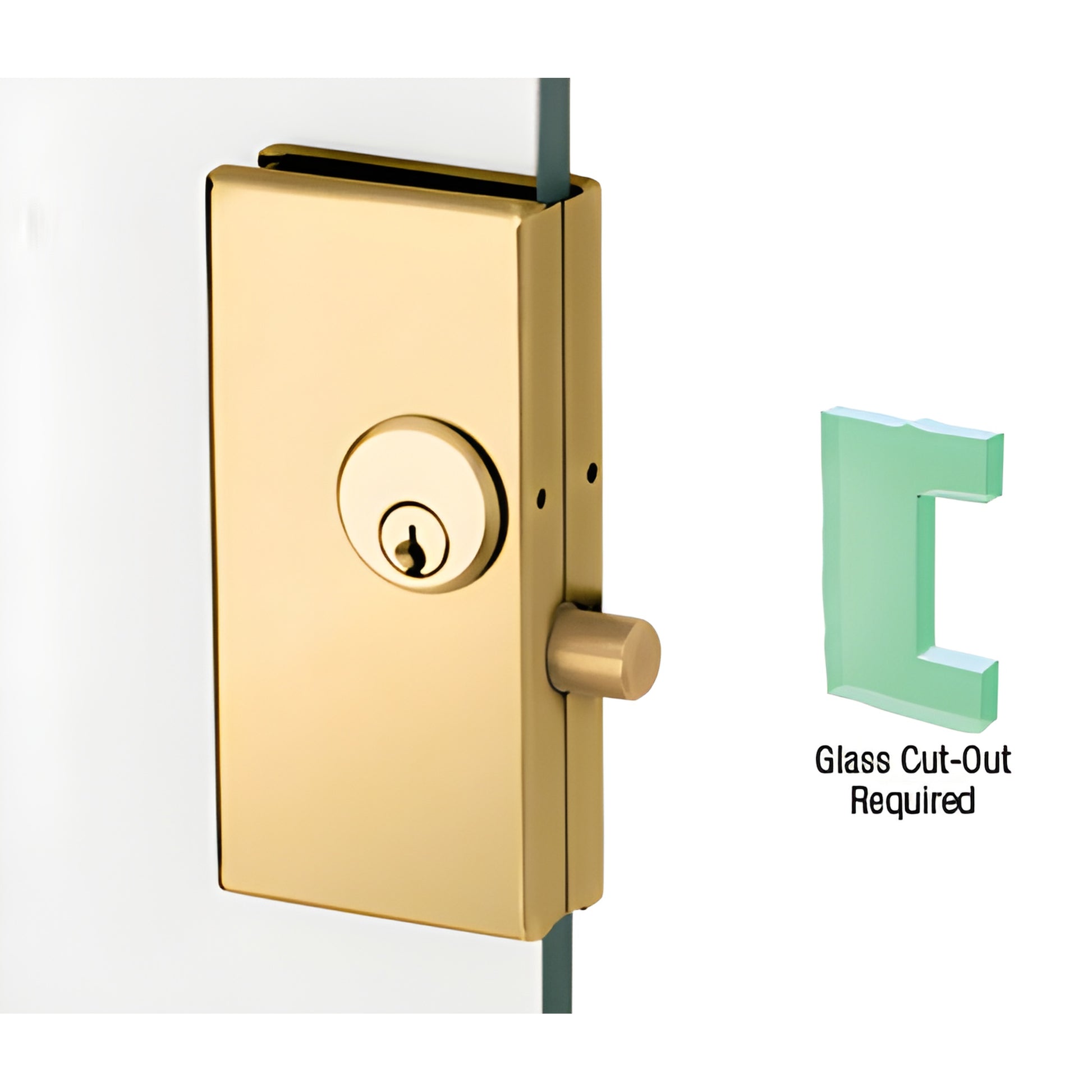 Polished brass low-profile center lock SKU DT36PB on tempered glass, key cylinder and deadbolt, fits 3/8-1/2" glass