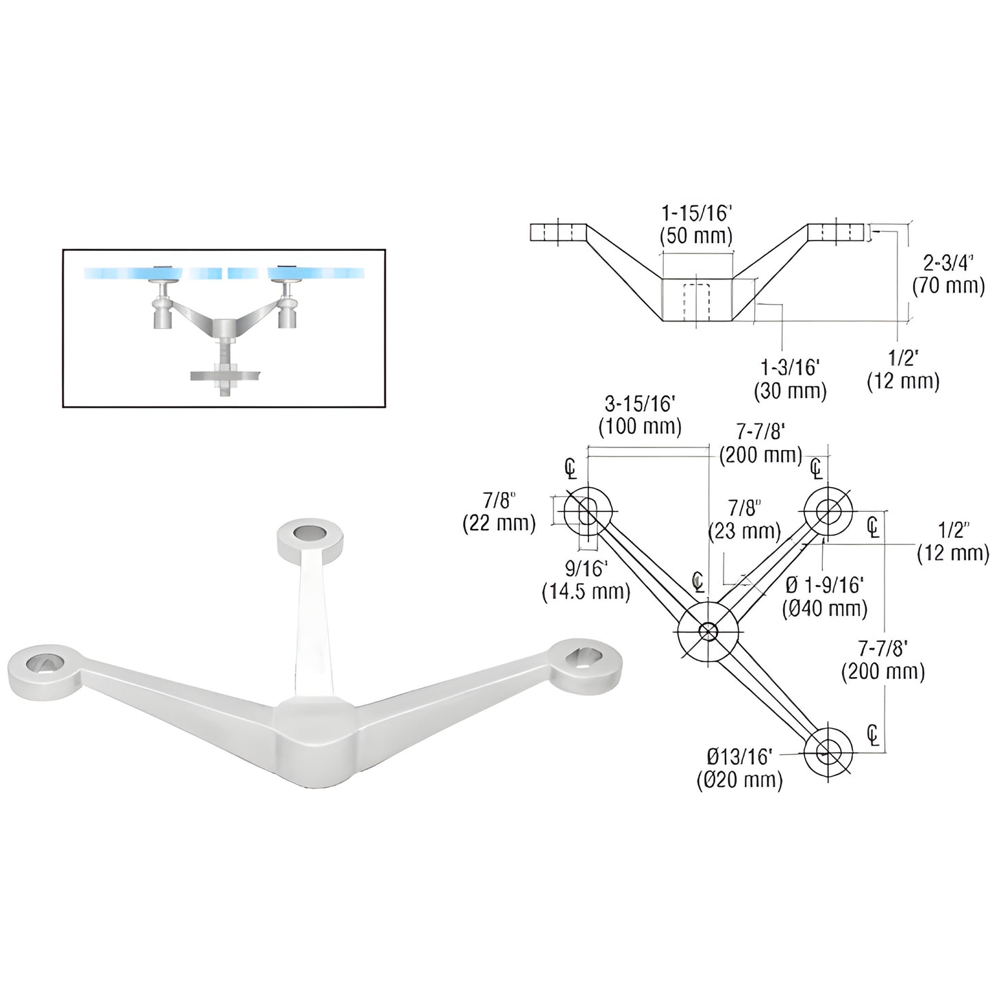 CRL PMH3PS three-arm stainless steel center-post fitting for three inline tempered glass panels; includes threaded stud, nuts