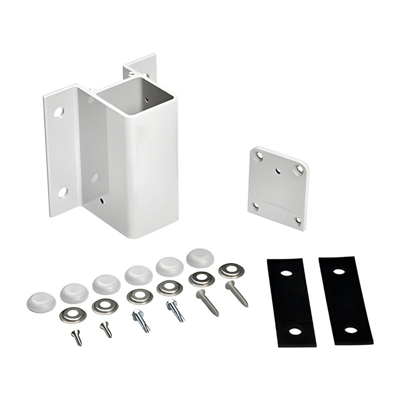 White aluminum fascia mount bracket kit (FBH1W) with base plate, screws, washers, caps, and rubber pads