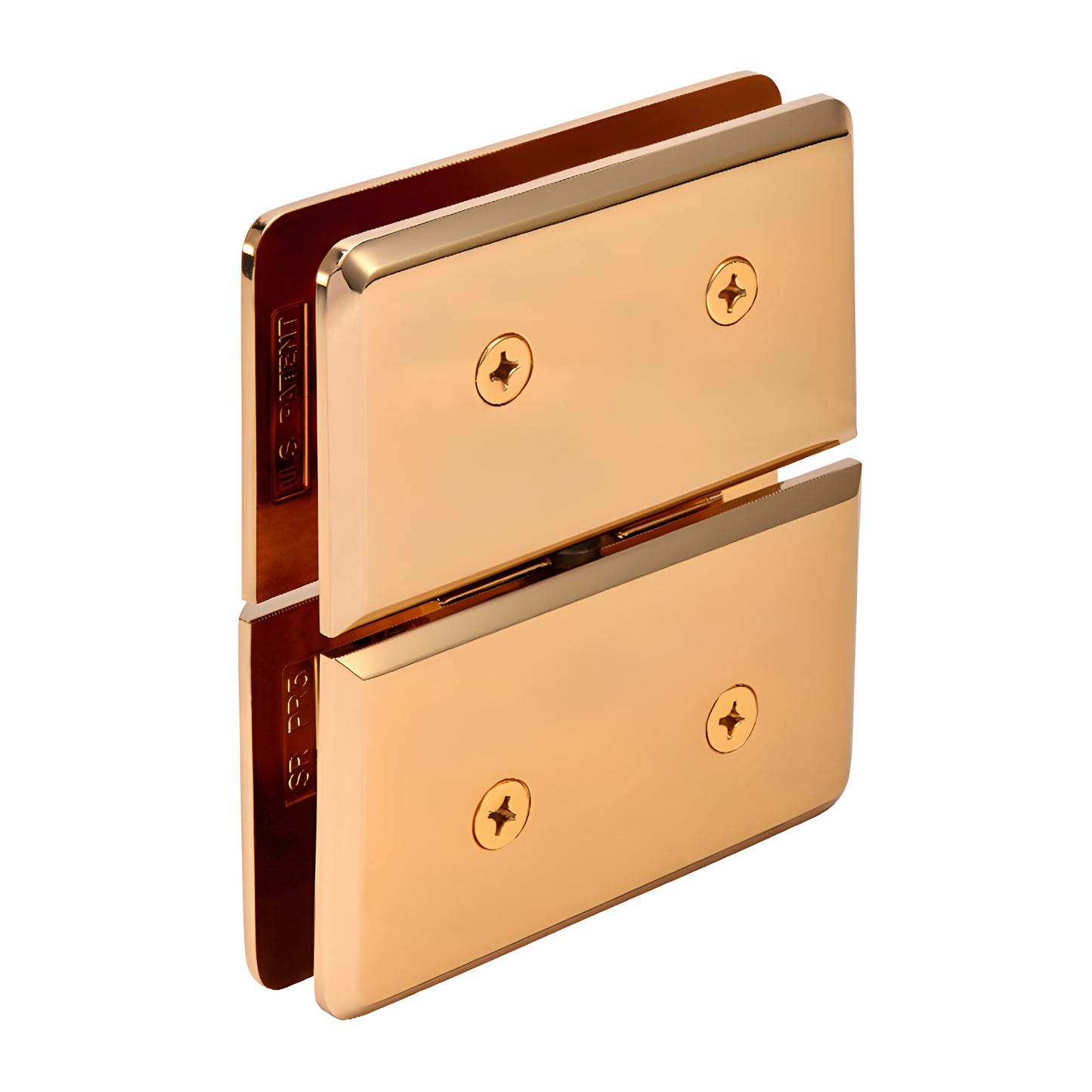 Gold-plated brass Senior Prima glass-to-transom pivot hinge for 1/2" (12 mm) tempered glass, beveled edge.