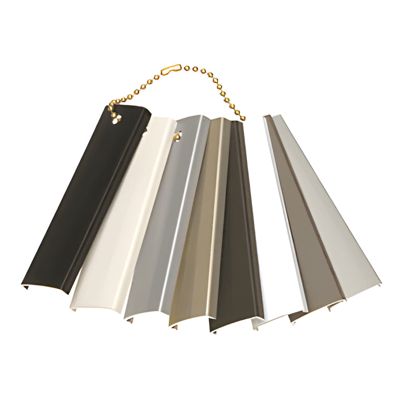 CRL SCCS8 color chip chain showing eight windscreen/railing metal finish samples on a gold ball chain