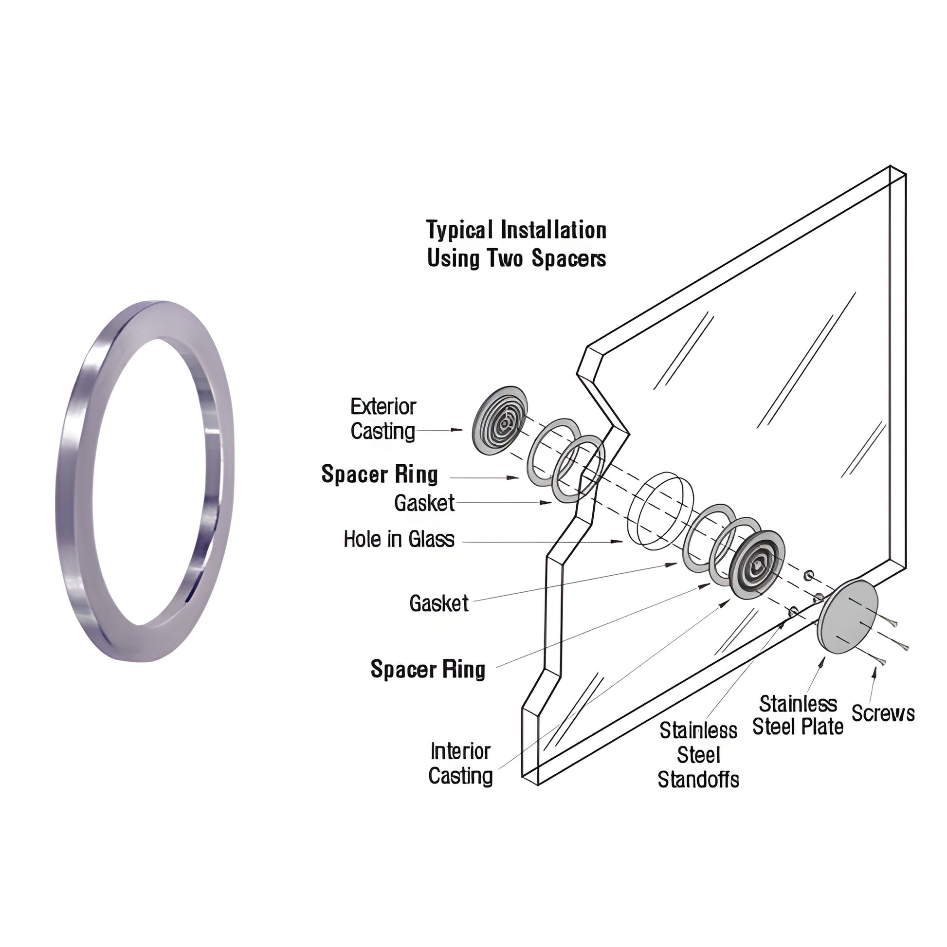 Brushed stainless aluminum spacer ring (SKU SR666114) and exploded diagram showing installation with N666 speak-thru in glass