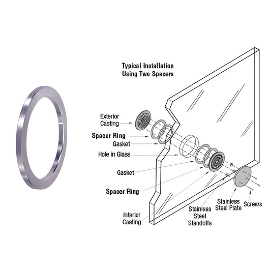 Brushed stainless aluminum spacer ring (SKU SR666114) and exploded diagram showing installation with N666 speak-thru in glass
