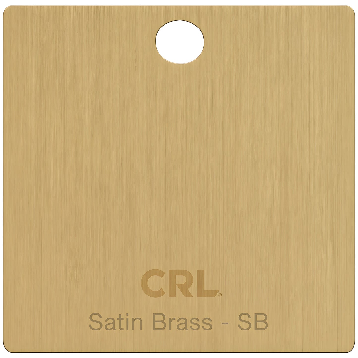 Satin Brass finish sample chip CH2PSB - rectangular swatch with hang hole, CRL logo and brushed brass texture