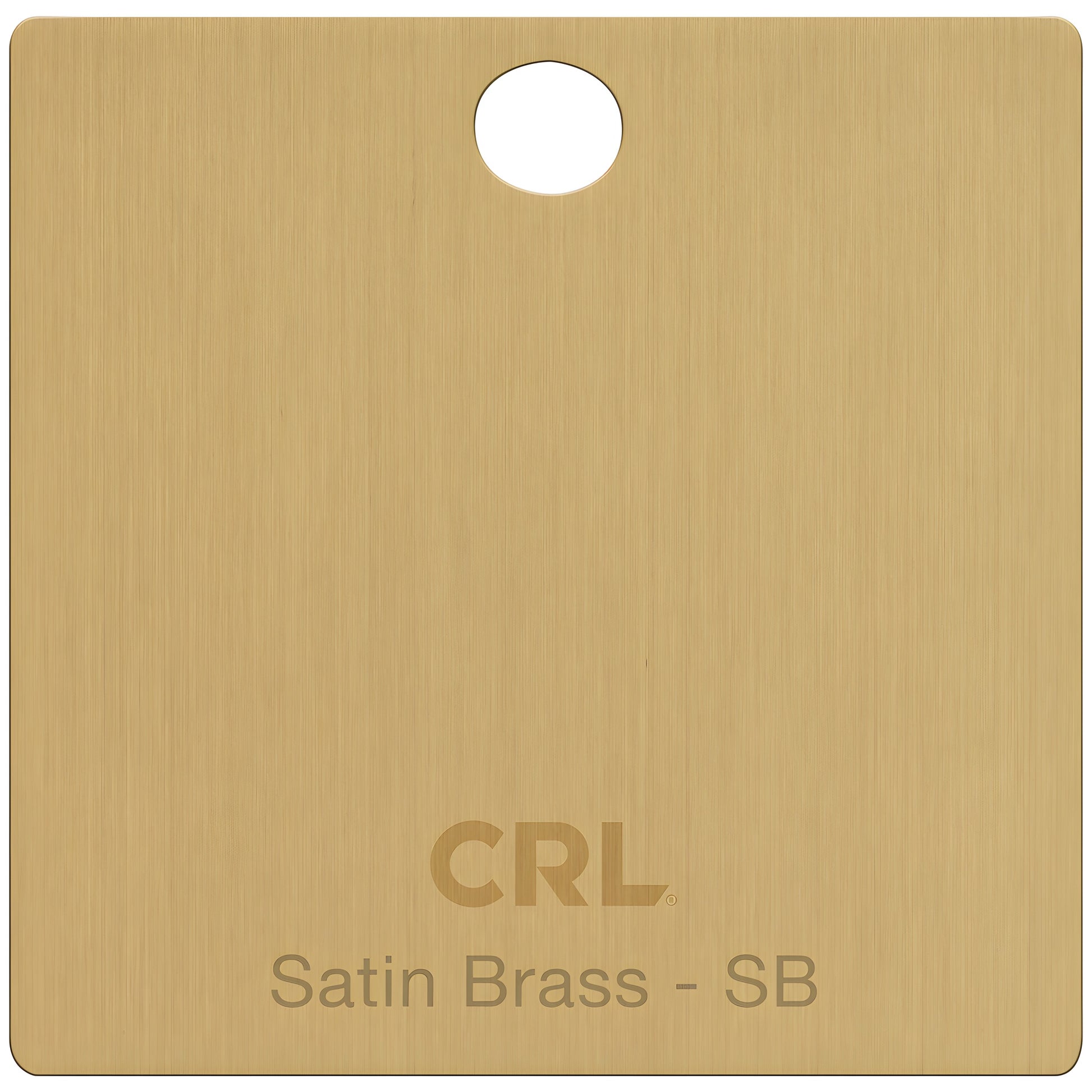 Satin Brass finish sample chip CH2PSB - rectangular swatch with hang hole, CRL logo and brushed brass texture
