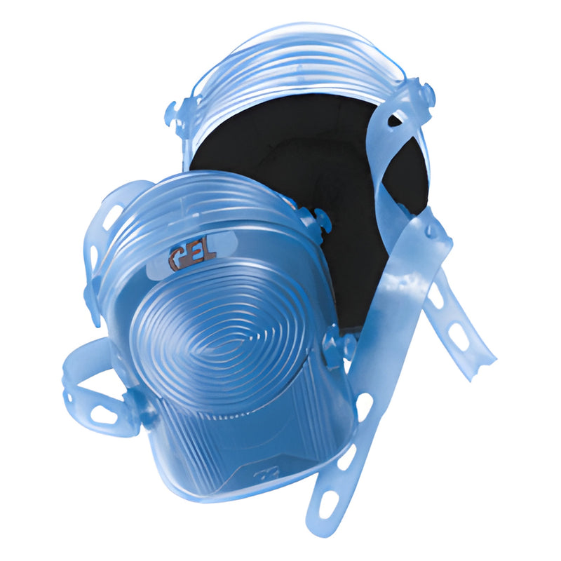 Blue CRL gel knee pads (G361) with cushioned black gel center, ribbed non-scratch rubber shell and adjustable straps.