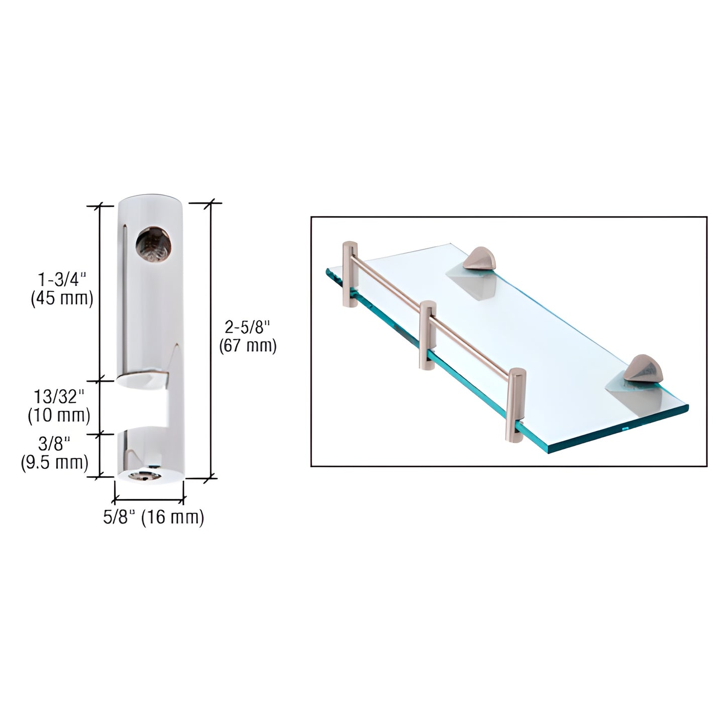 Polished chrome brass glass shelf rod/support (RDB3CH), right-hand, fits 6-10mm tempered glass, with dimensions and install