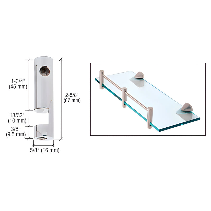 Polished chrome brass glass shelf rod/support (RDB3CH), right-hand, fits 6-10mm tempered glass, with dimensions and install
