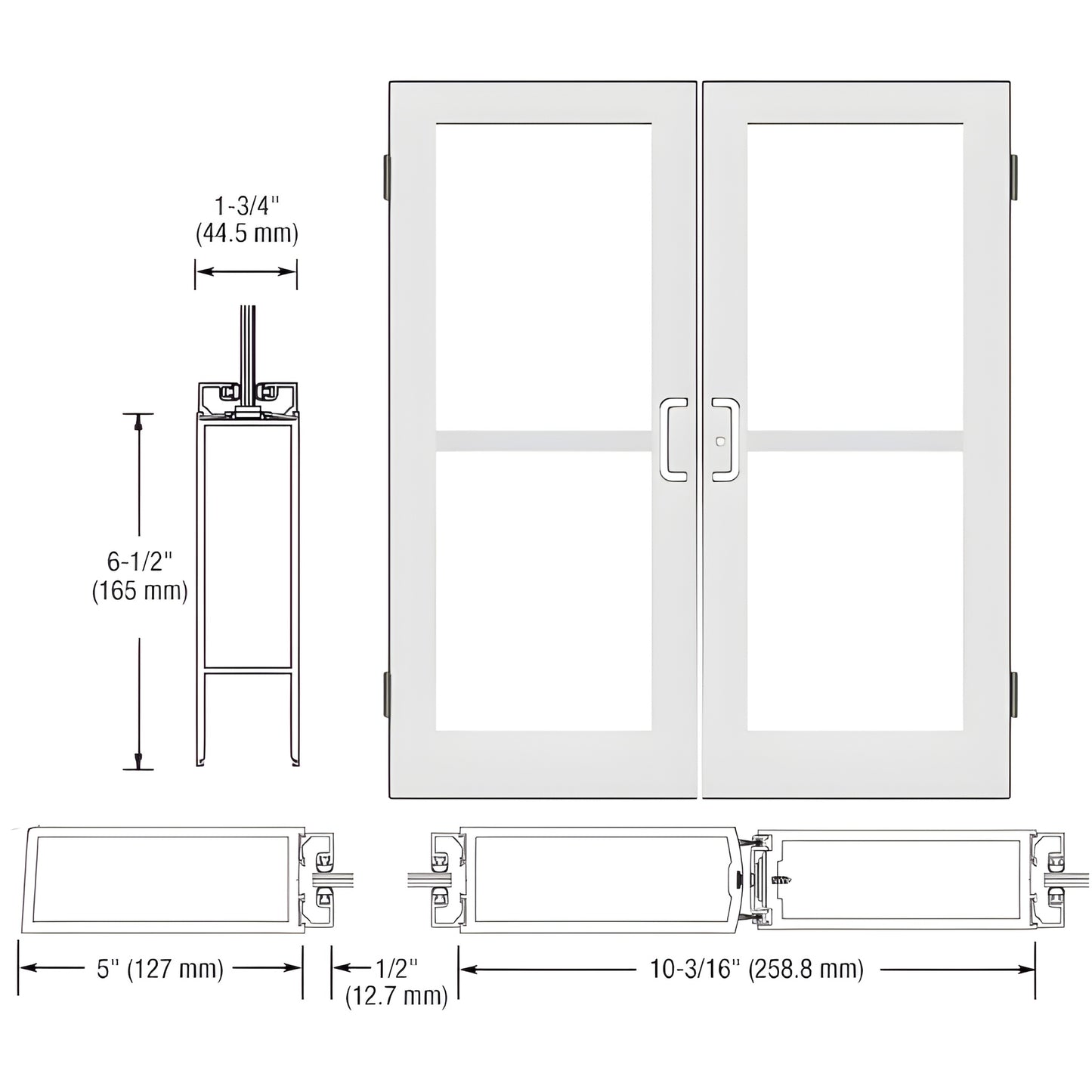 CRL DZ52552 white wide-stile commercial double entrance door with glass, 5" stiles and 61 2" bottom rail.
