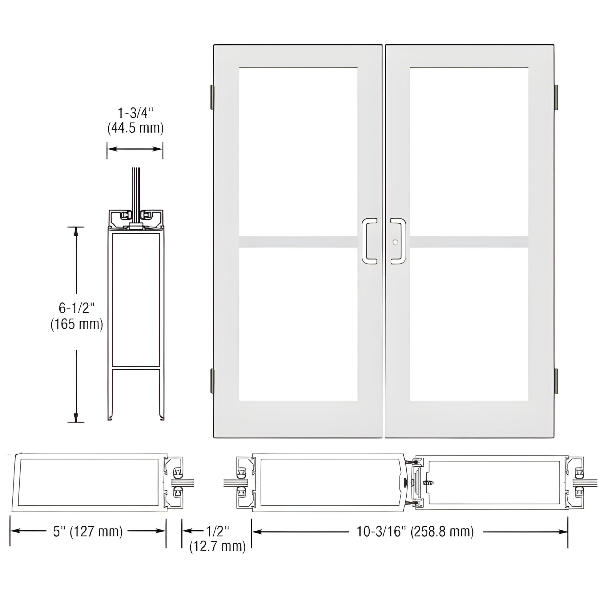 CRL DZ52552 white wide-stile commercial double entrance door with glass, 5" stiles and 61 2" bottom rail.
