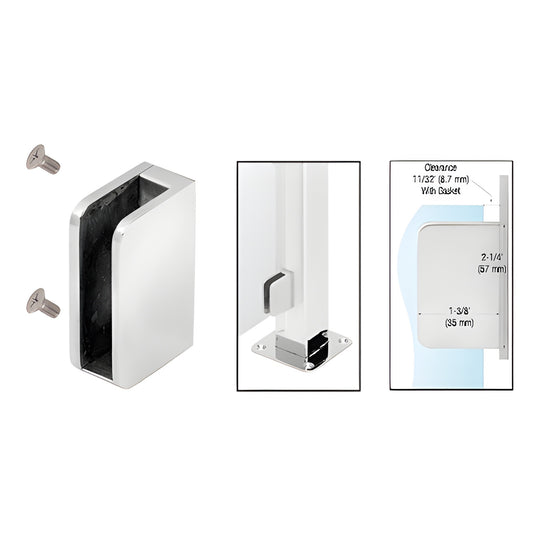 SA92FPS polished stainless steel flat glass clip for 1.5" square posts, holds 6/10mm glass; includes screws and clear gaskets