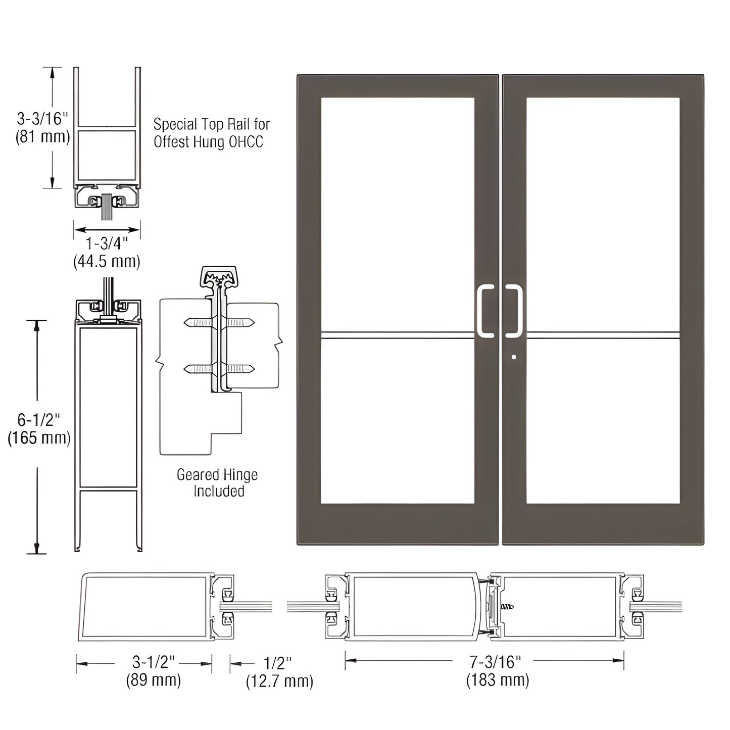 Double commercial entrance door with Black Bronze Anodized frame, glass panels, mid rail and pull handles - SKU DC42922
