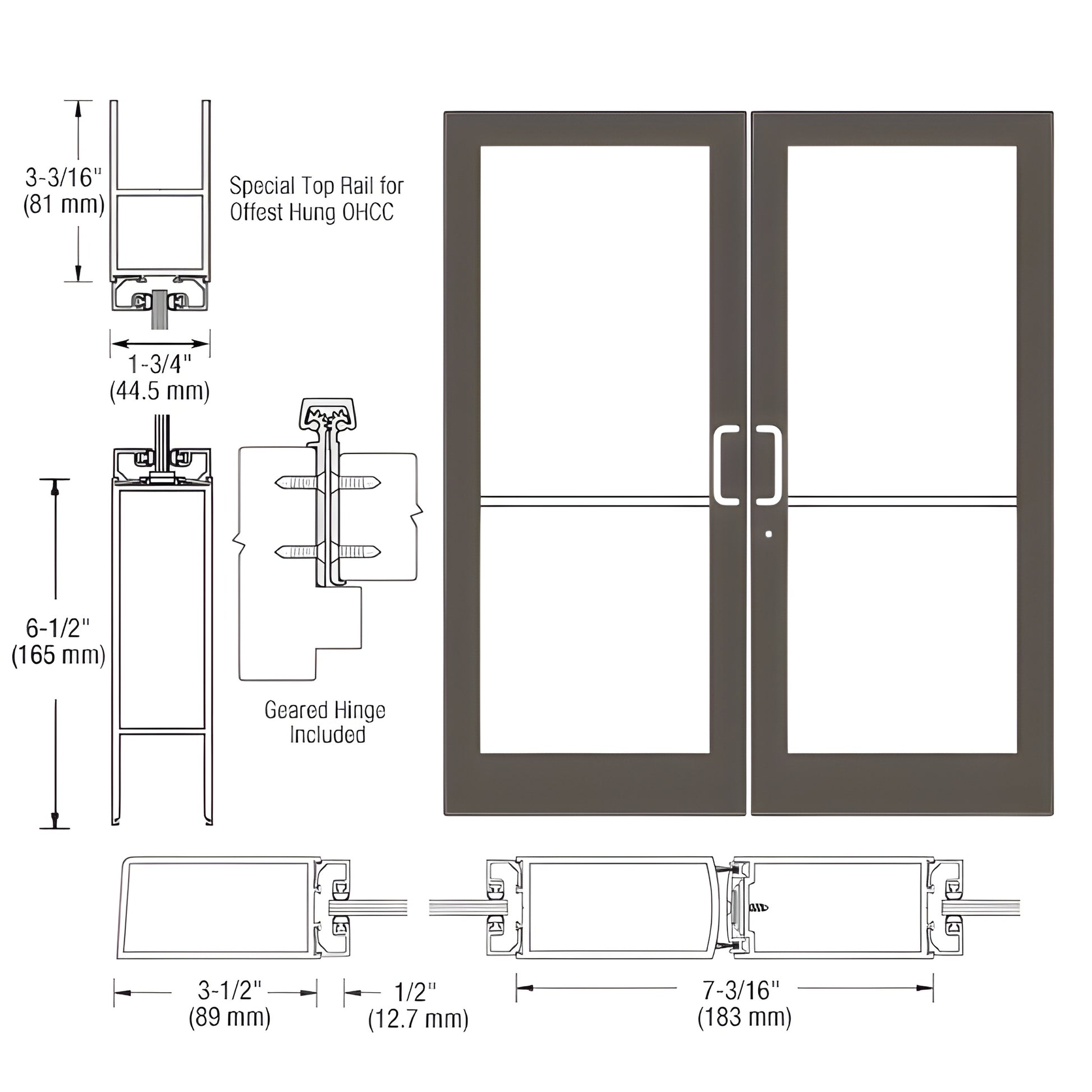 Double commercial entrance door with Black Bronze Anodized frame, glass panels, mid rail and pull handles - SKU DC42922