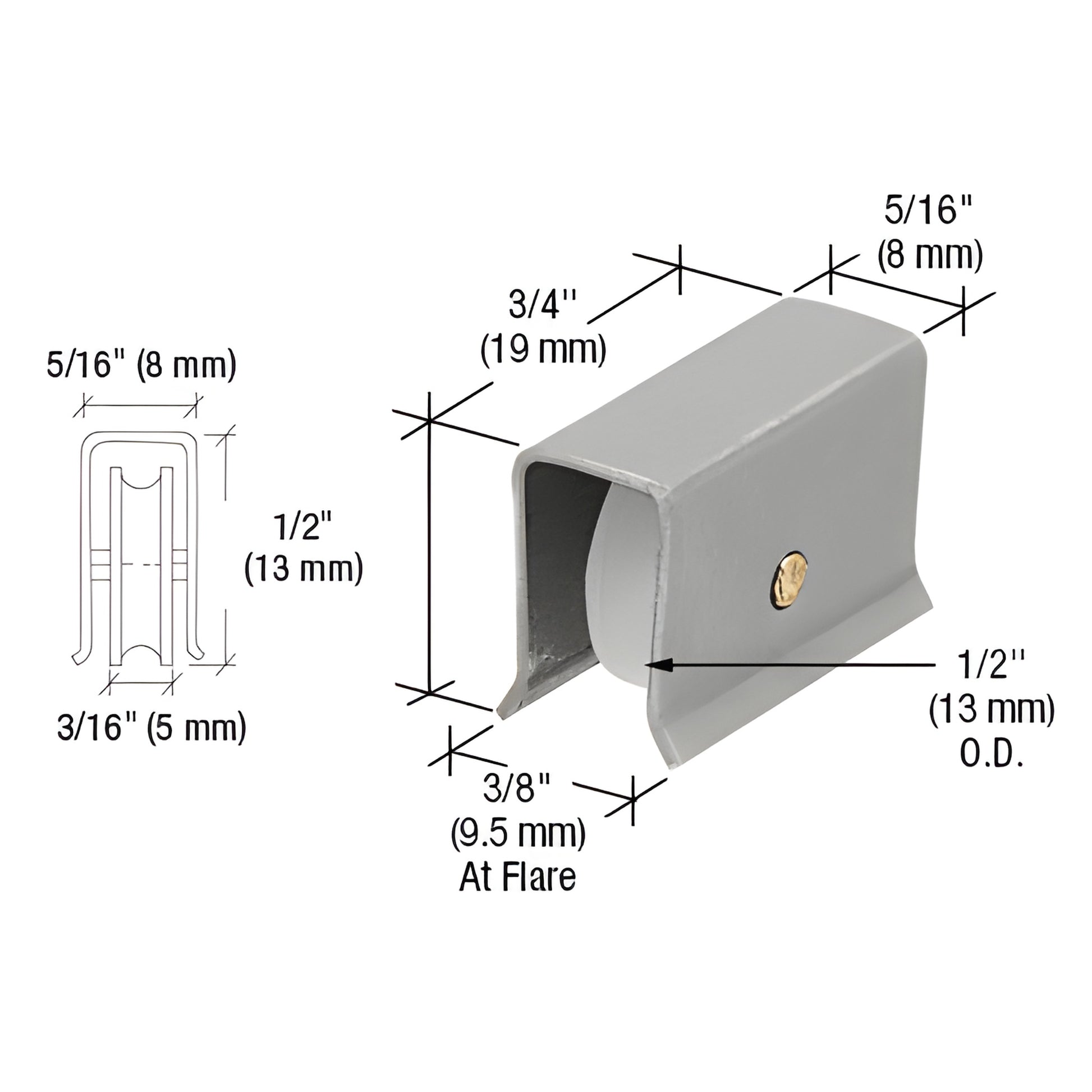 D650 stamped-steel nylon roller assembly for H-bars, gray housing with 1/2" nylon wheel, dimensioned diagram.