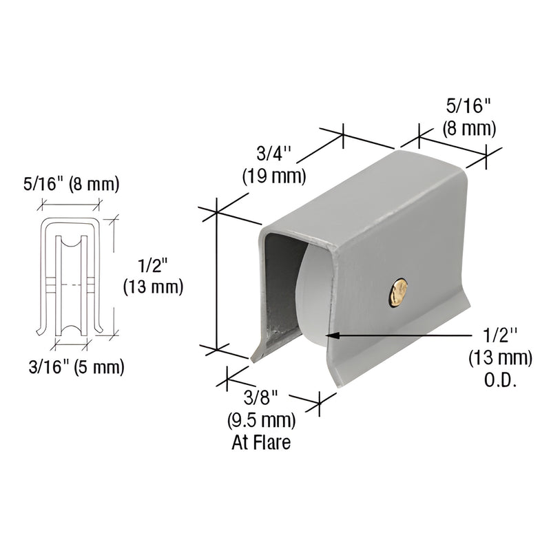 D650 stamped-steel nylon roller assembly for H-bars, gray housing with 1/2" nylon wheel, dimensioned diagram.
