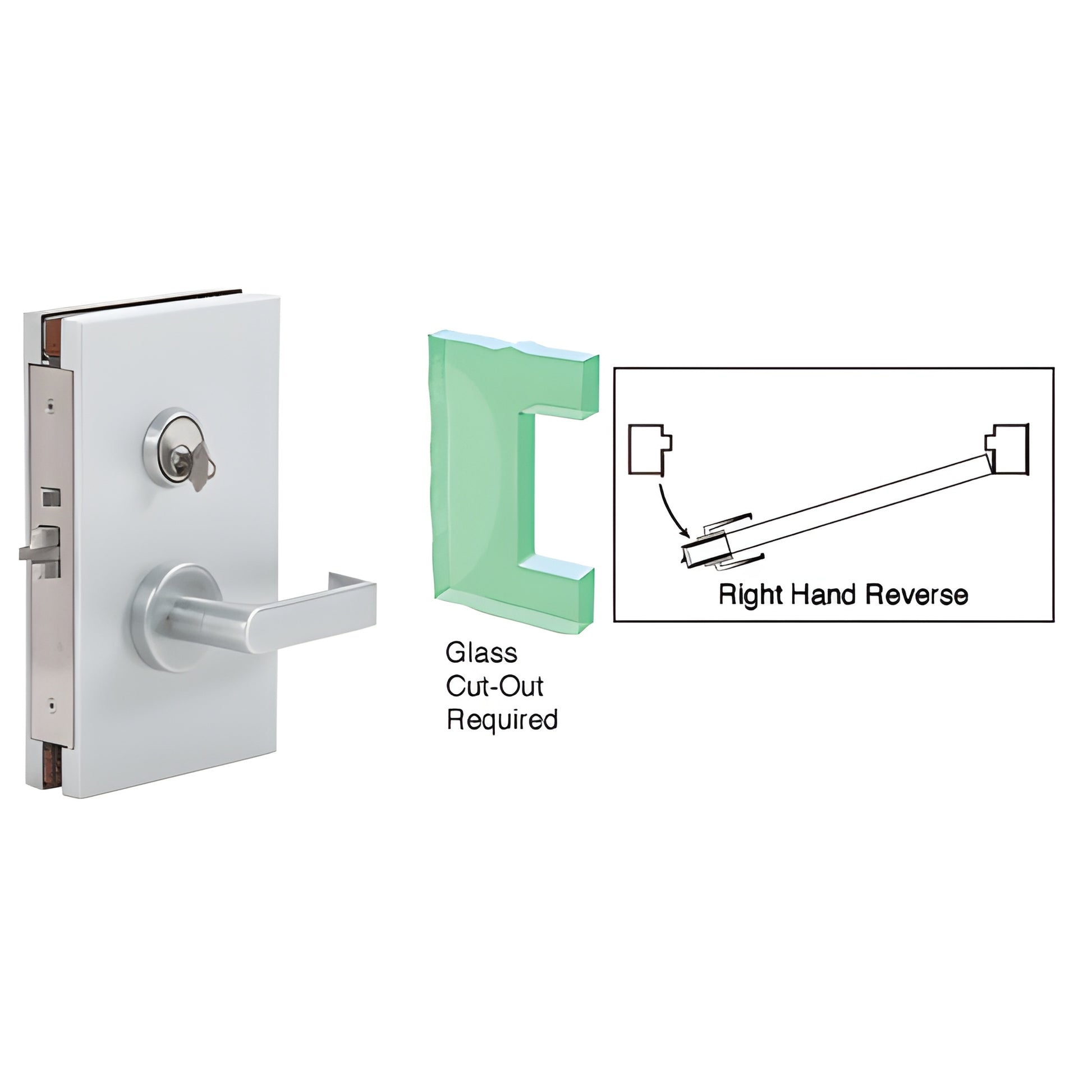 CRL DL611RSSC satin anodized 6x10 center glass door lock with lever and deadlatch, 1/2" glass cutout, right-hand reverse