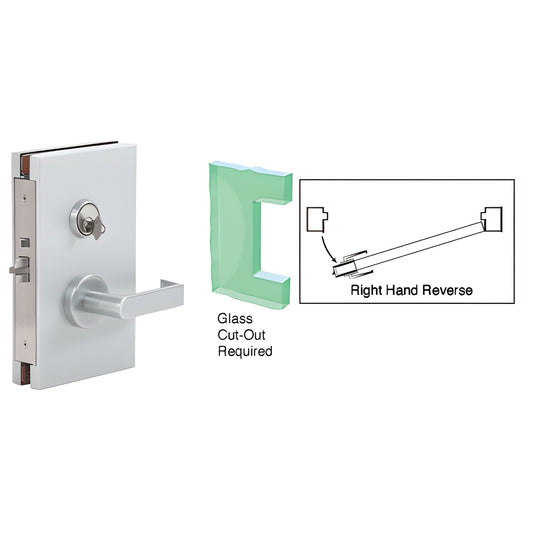 CRL DL611RSSC satin anodized 6x10 center glass door lock with lever and deadlatch, 1/2" glass cutout, right-hand reverse