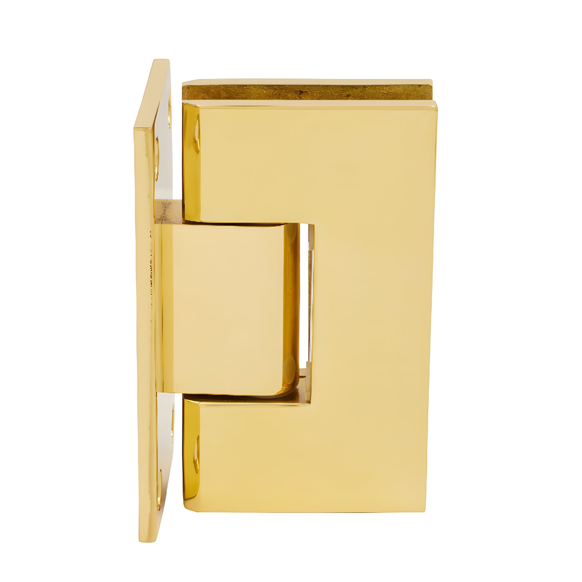 Polished brass Vienna shower door hinge (SKU V1E537BR), solid brass squared design for 10-12mm glass, wall mount.