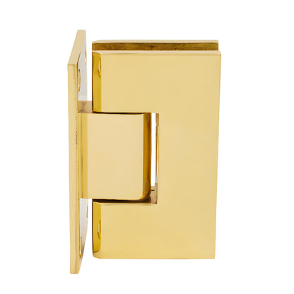 Polished brass Vienna shower door hinge (SKU V1E537BR), solid brass squared design for 10-12mm glass, wall mount.