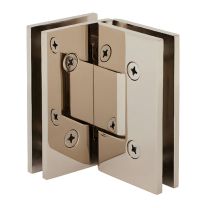 Polished nickel square Vienna glass-to-glass shower hinge for 3/8-1/2" glass, self-centering - SKU V1E092PN