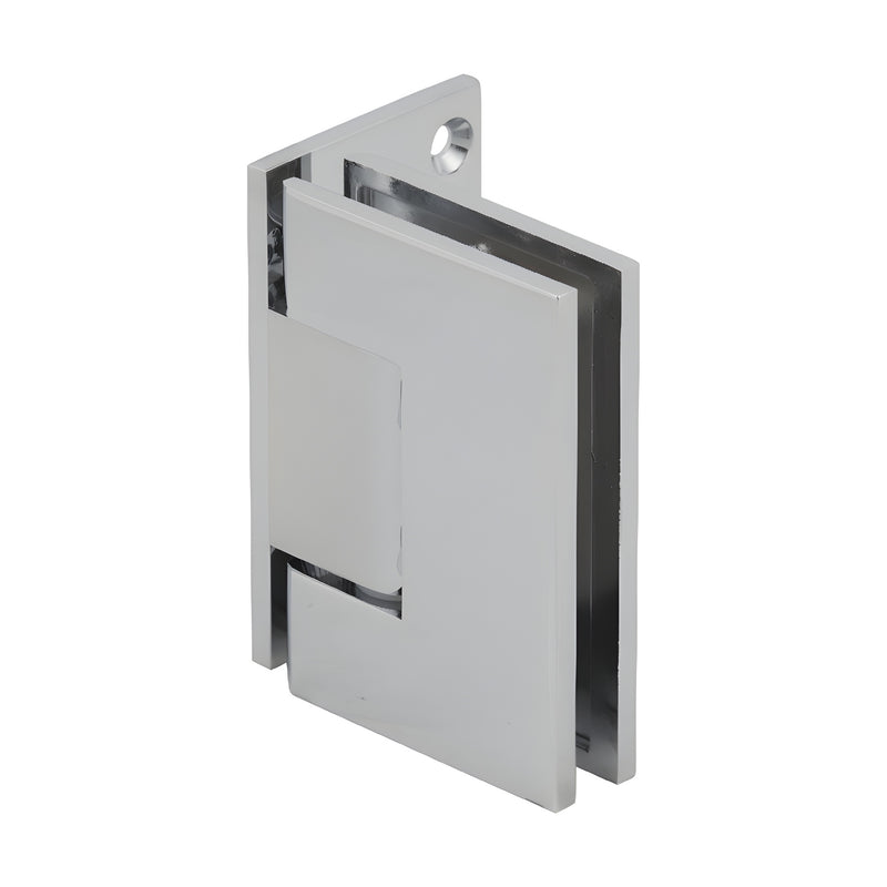 Polished chrome solid brass Melbourne shower door hinge (SKU MEL044CH) for 8-12mm tempered glass, wall-mount, self-centering.