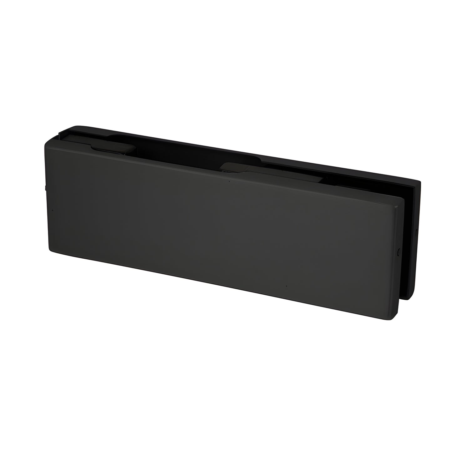 Matte black EUR201MBL patch fitting for frameless glass doors, top or bottom use, 2" high, fits 3/8" or 1/2" glass.