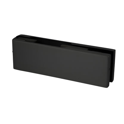 Matte black EUR201MBL patch fitting for frameless glass doors, top or bottom use, 2" high, fits 3/8" or 1/2" glass.