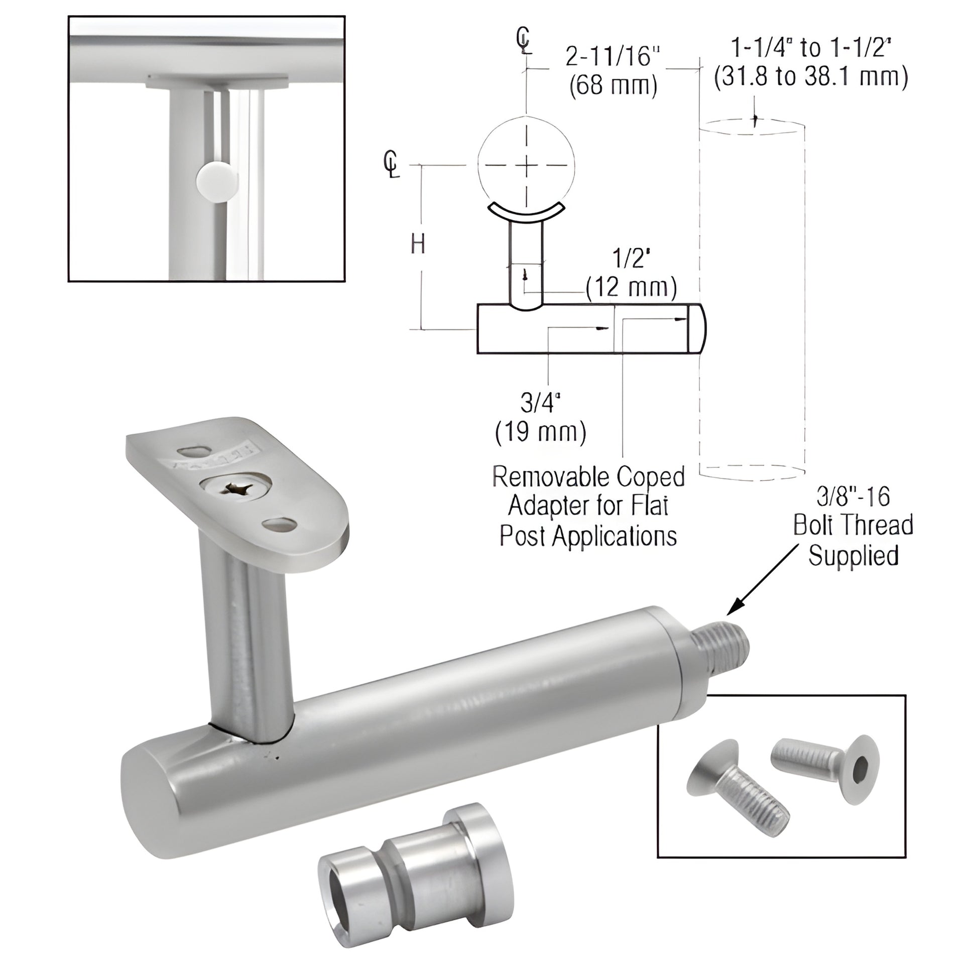 HR2EPBS 316 stainless brushed steel post-mounted handrail bracket for 11 2-2 tubing, includes adapter and screws