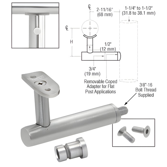HR2EPBS 316 stainless brushed steel post-mounted handrail bracket for 11 2-2 tubing, includes adapter and screws