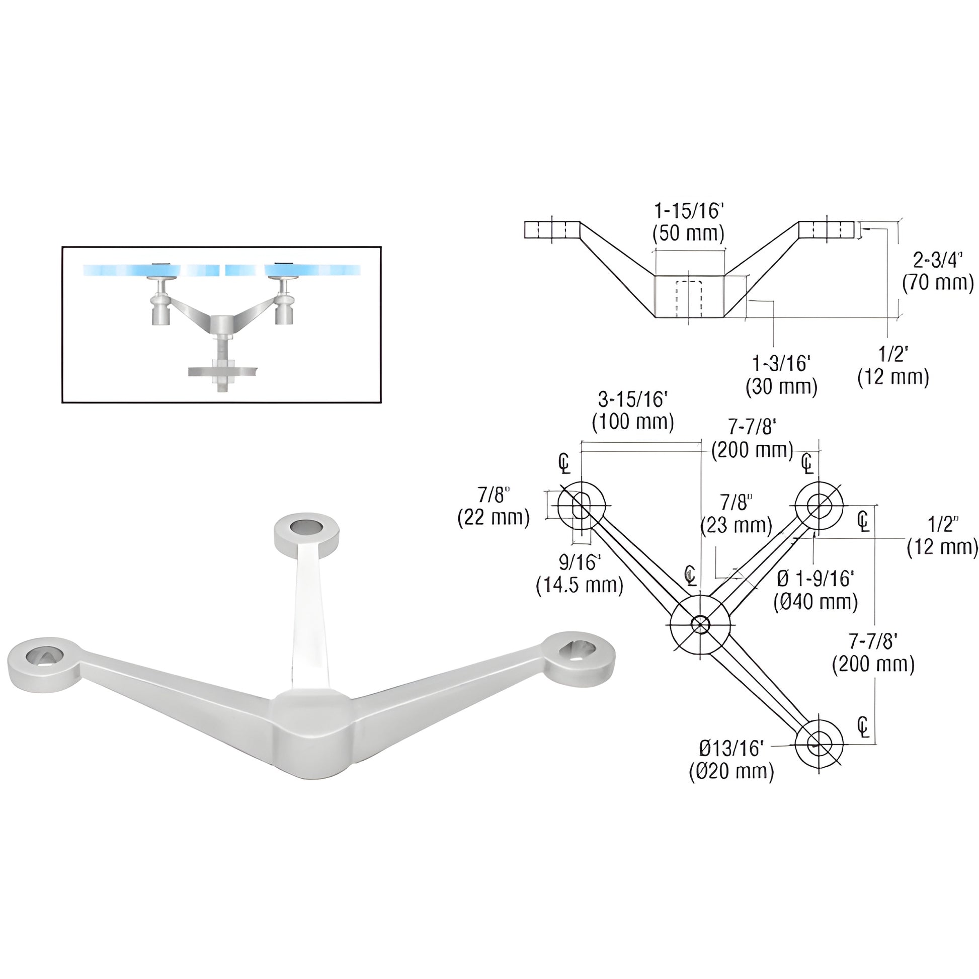 CRL PMH3BS three-arm stainless steel fitting for mounting three tempered glass panels to a center post (frameless railing)