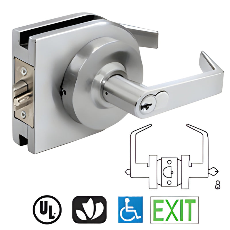LH52SA satin anodized round lever lock housing for 3/8"-1/2" glass doors, low-profile, reversible, ANSI-grade