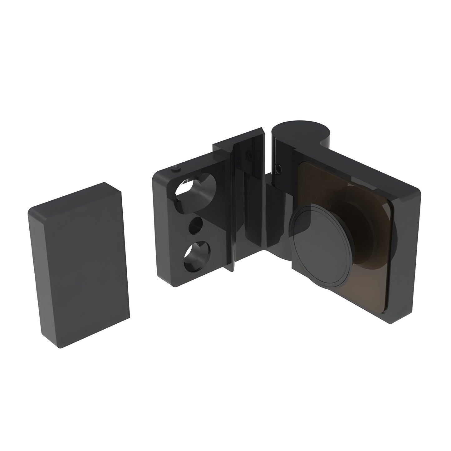 Matte black Lugano glass shower hinge (LUG044RMBL), concealed brass swing hinge for 8-10mm glass, left-hand.
