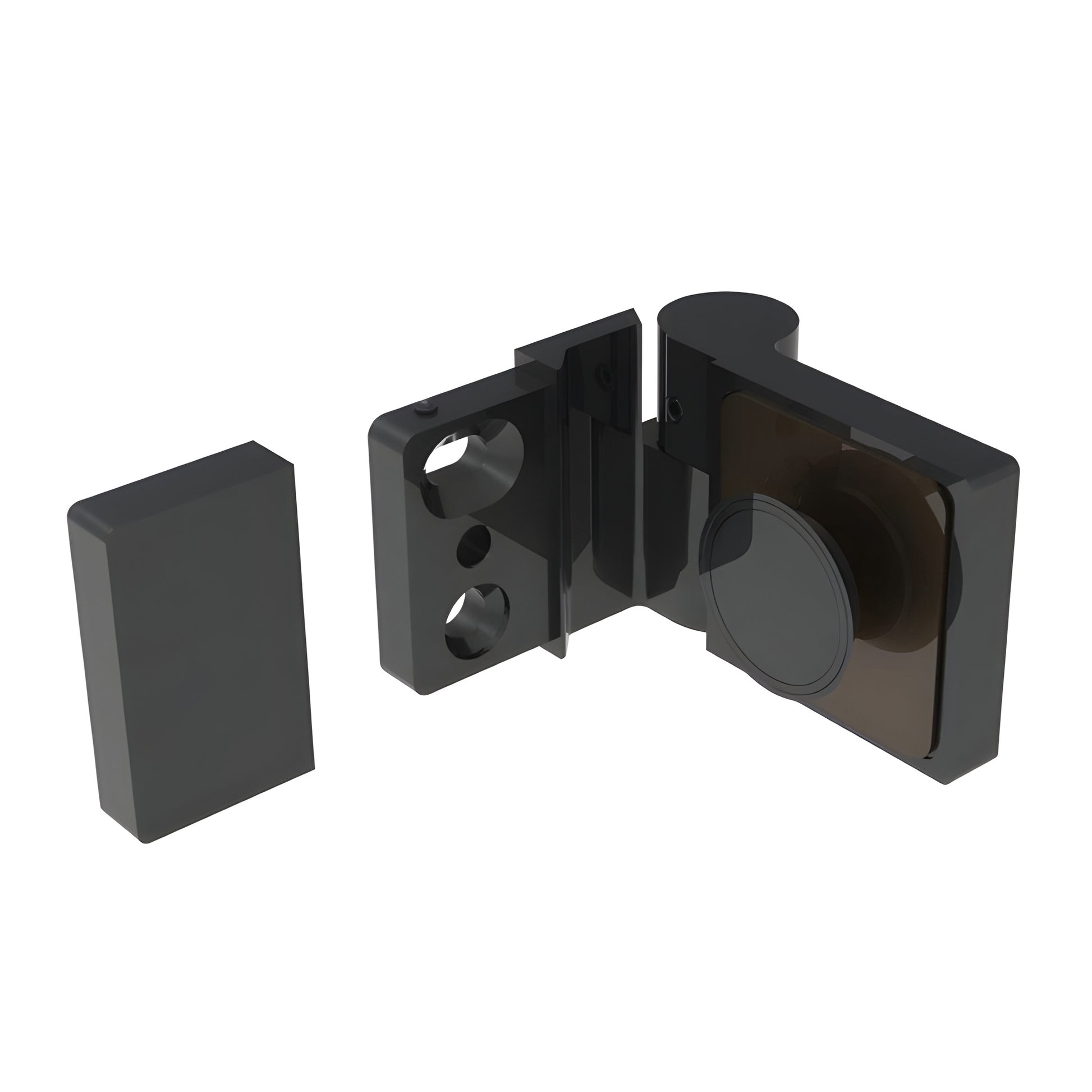 Matte black Lugano glass shower hinge (LUG044RMBL), concealed brass swing hinge for 8-10mm glass, left-hand.