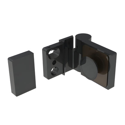 Matte black Lugano glass shower hinge (LUG044RMBL), concealed brass swing hinge for 8-10mm glass, left-hand.