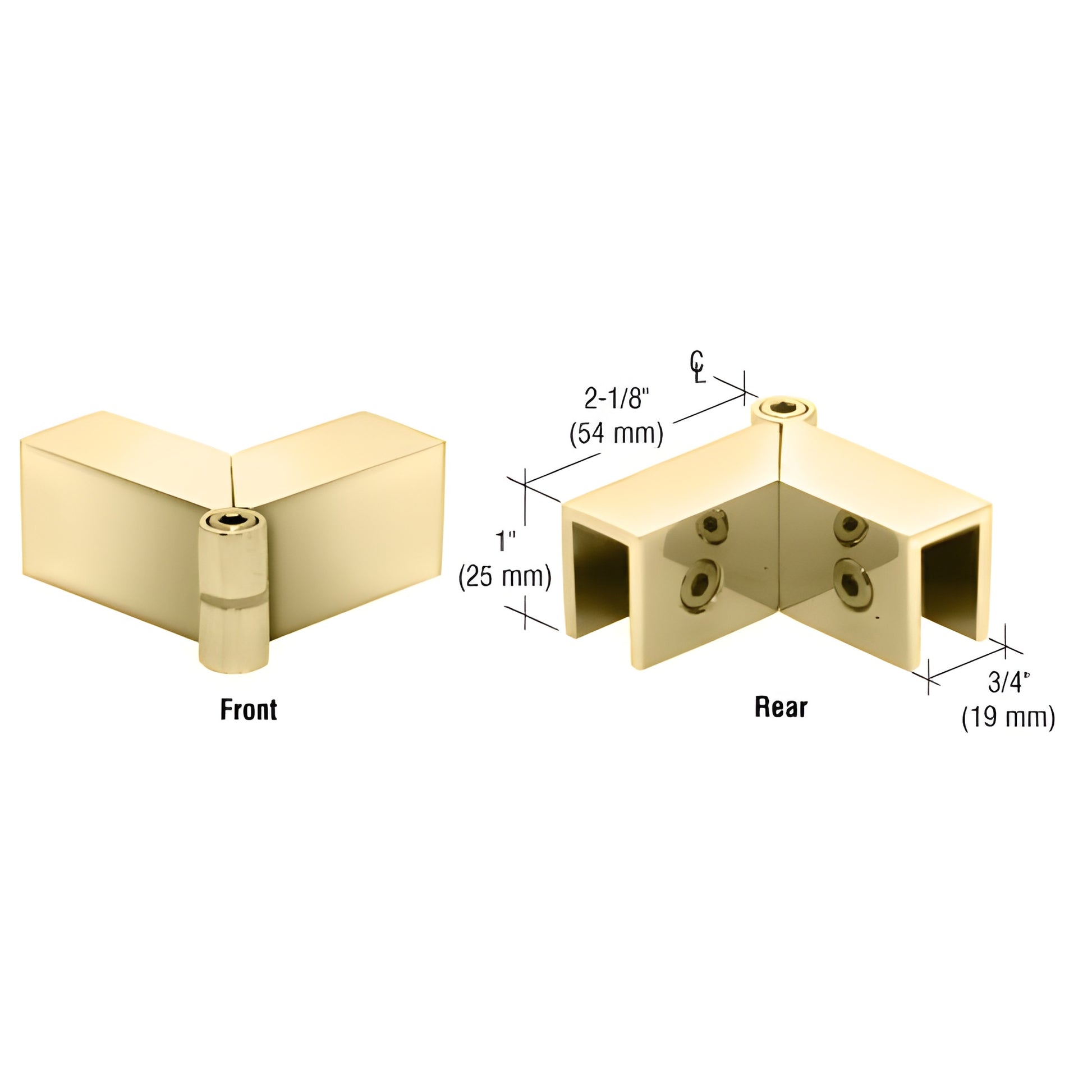Unlacquered brass sleeve-over glass clamp (SKU S0GC91ULBR) for 8-12mm frameless glass, corner 90-180 adjustable