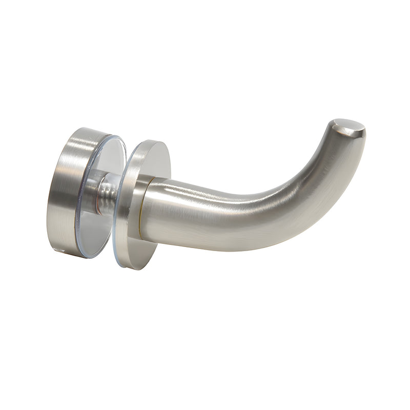 Brushed nickel brass robe hook, Designer Series (SKU DRH1BN) for through-glass, adhesive or wall mount