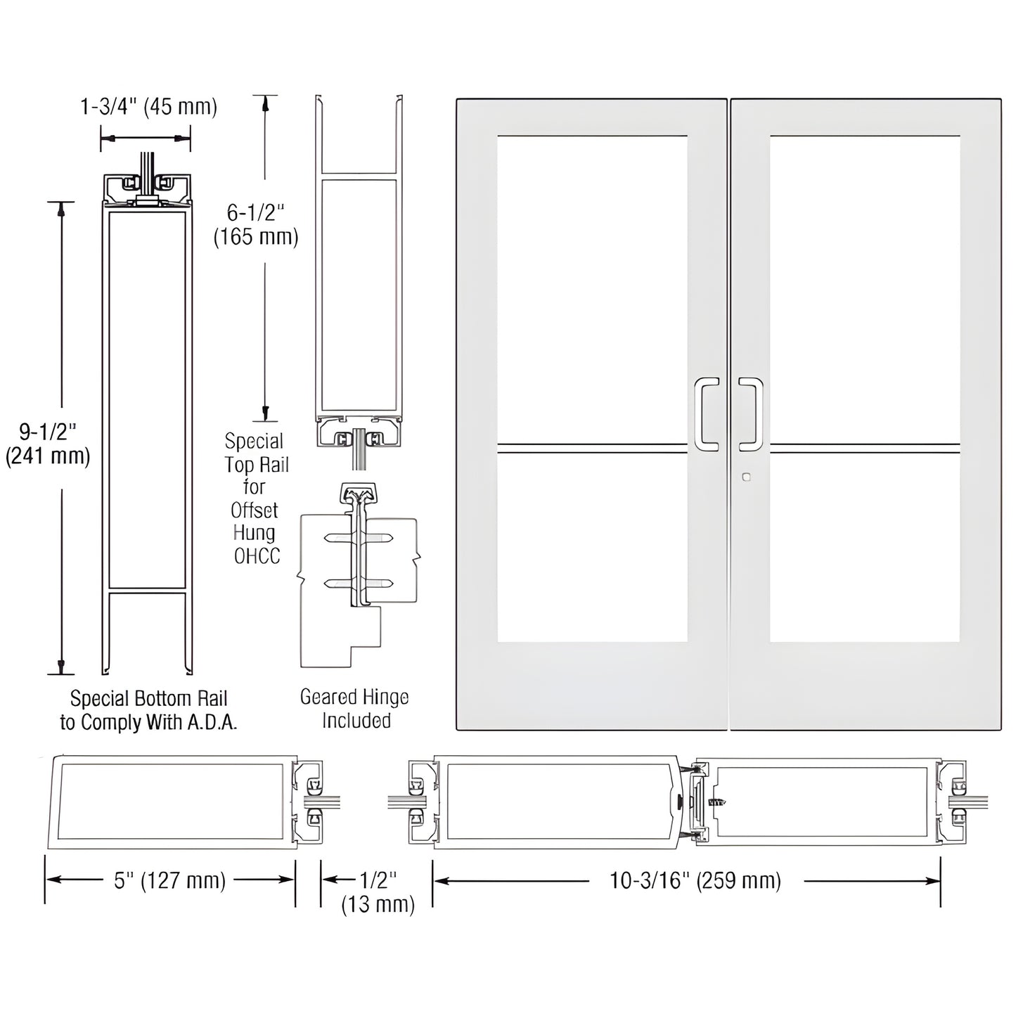 CD52952: White Kynar wide-stile commercial double entrance door, 5" stiles, ADA 91 2" bottom rail, fits 1/4" tempered glass.