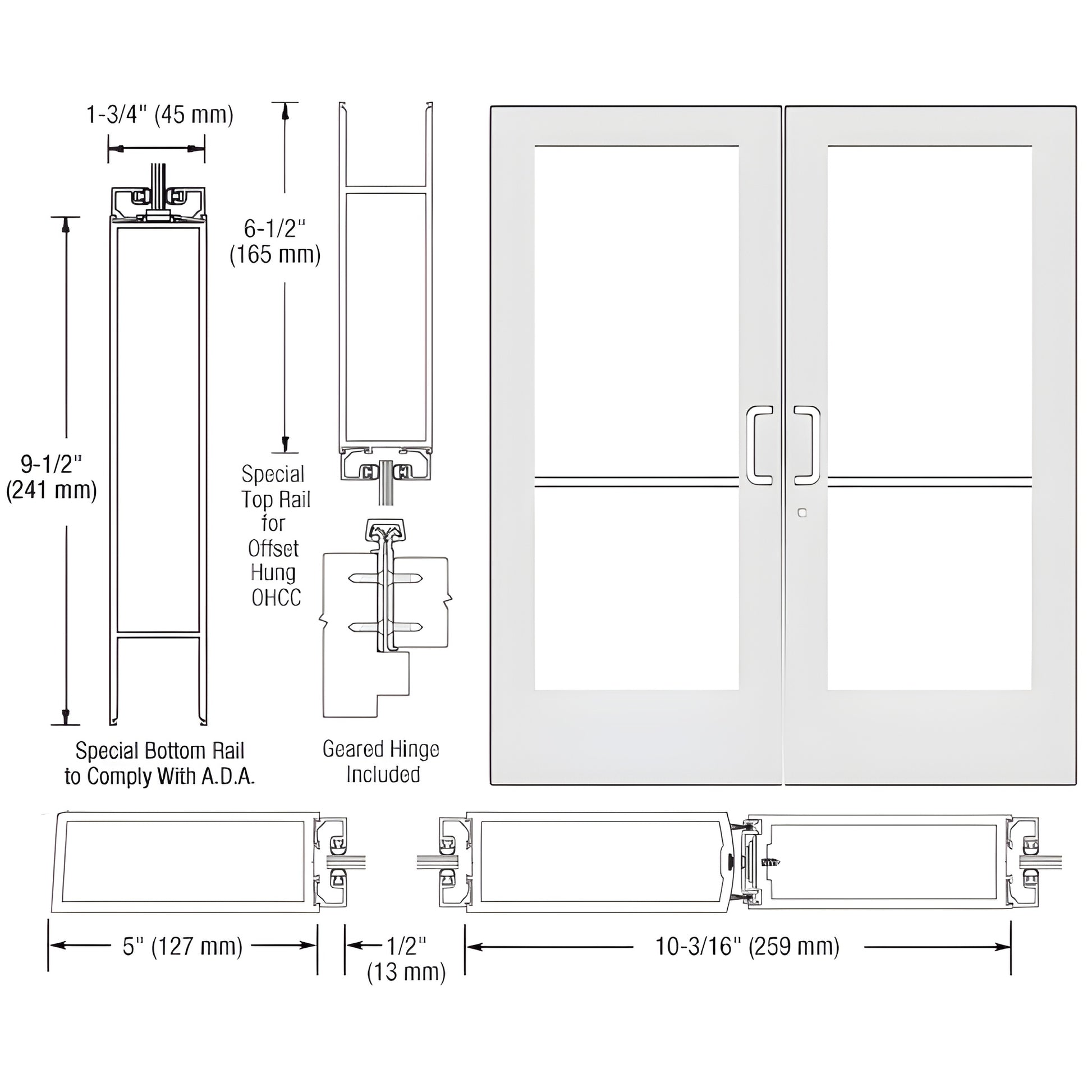 CD52952: White Kynar wide-stile commercial double entrance door, 5" stiles, ADA 91 2" bottom rail, fits 1/4" tempered glass.